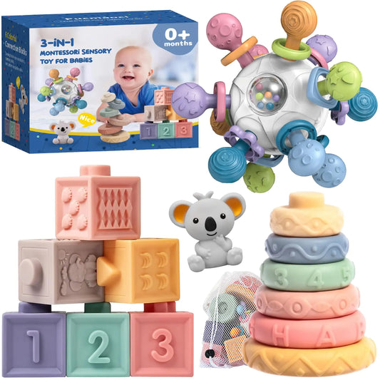 Pucmaoci Montessori Baby Toys 3-in-1 Set for Sensory Development Teething Toys and Early Education - Gift for Toddler Baby 0-3-6-12-18 Months