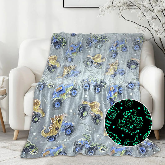 Wesan Dinosaur Glow in The Dark Blanket Boys Dino Toys Kids Shark Truck Toy for Teens Children Girls Birthday Valentines Easter Gift Fun Fluffy Plush Throw Gray 50"x60"
