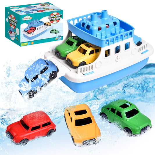 Toy Boat Bath Toys for Toddlers with 4 Mini Car Toys Kids Water Toys Ferry Boat for Bathtub Bathroom Pool Beach Toys Birthday Gifts
